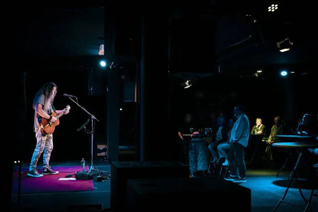 Gitarrist spielt live vor Publikum im Dunkeln.