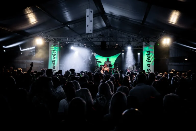 Konzertszene mit beleuchteter Band und Publikum.