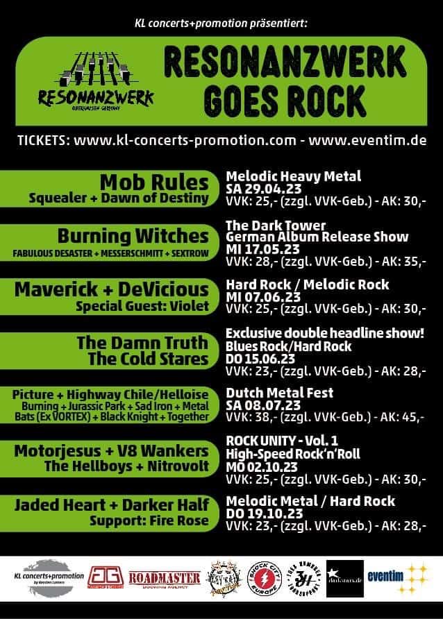 Plakat für Rockkonzerte im Resonanzwerk mit Terminen und Preisen.