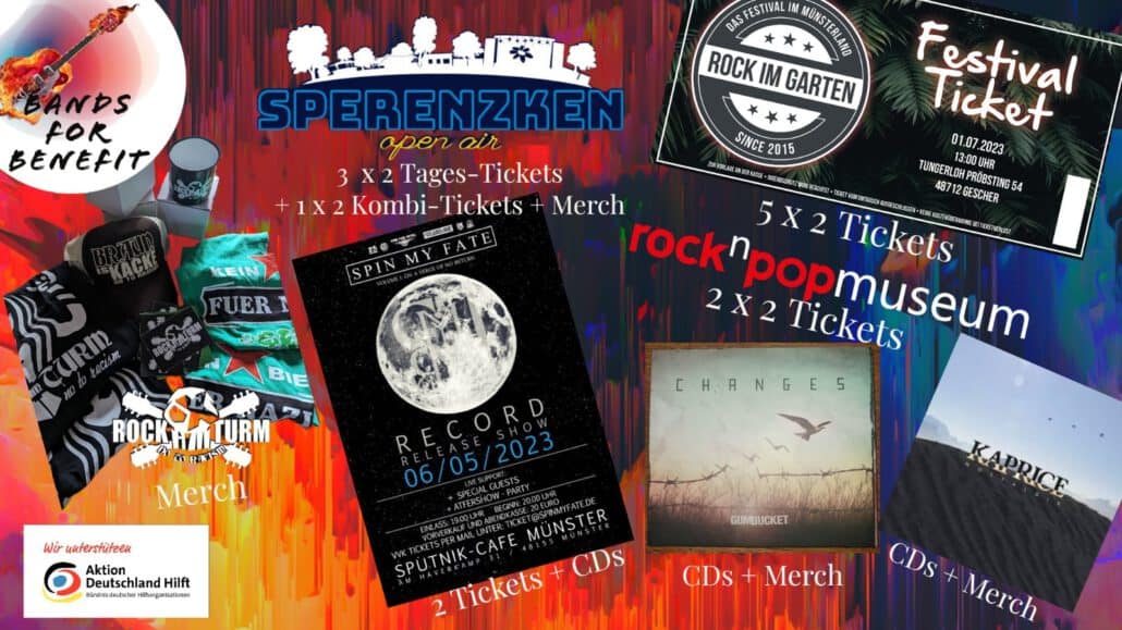 Bunte Collage von Musikfestival-Werbeplakaten und Merchandise.