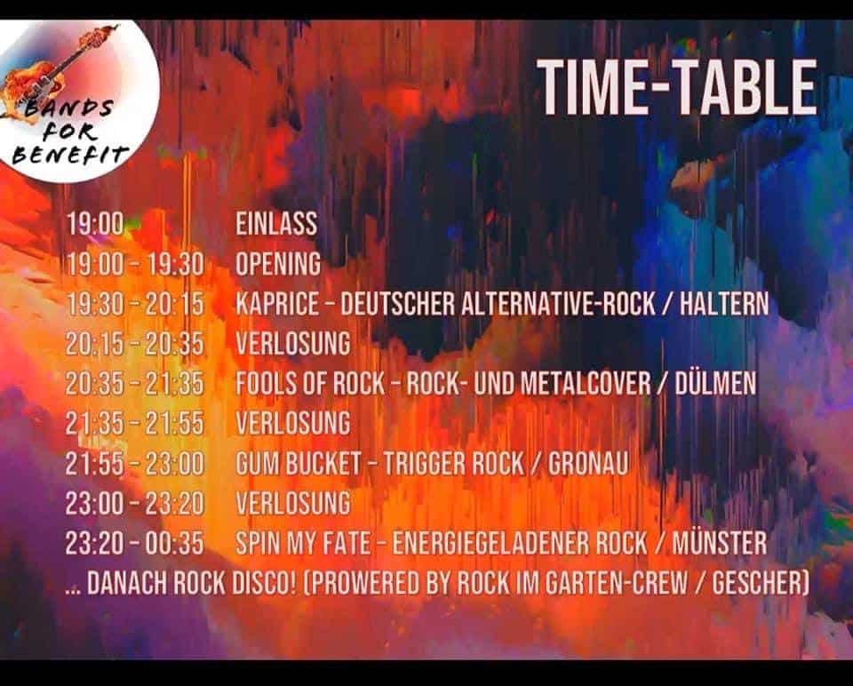 Zeitplan für Rockmusik-Konzertabend mit Farbverlauf-Hintergrund.