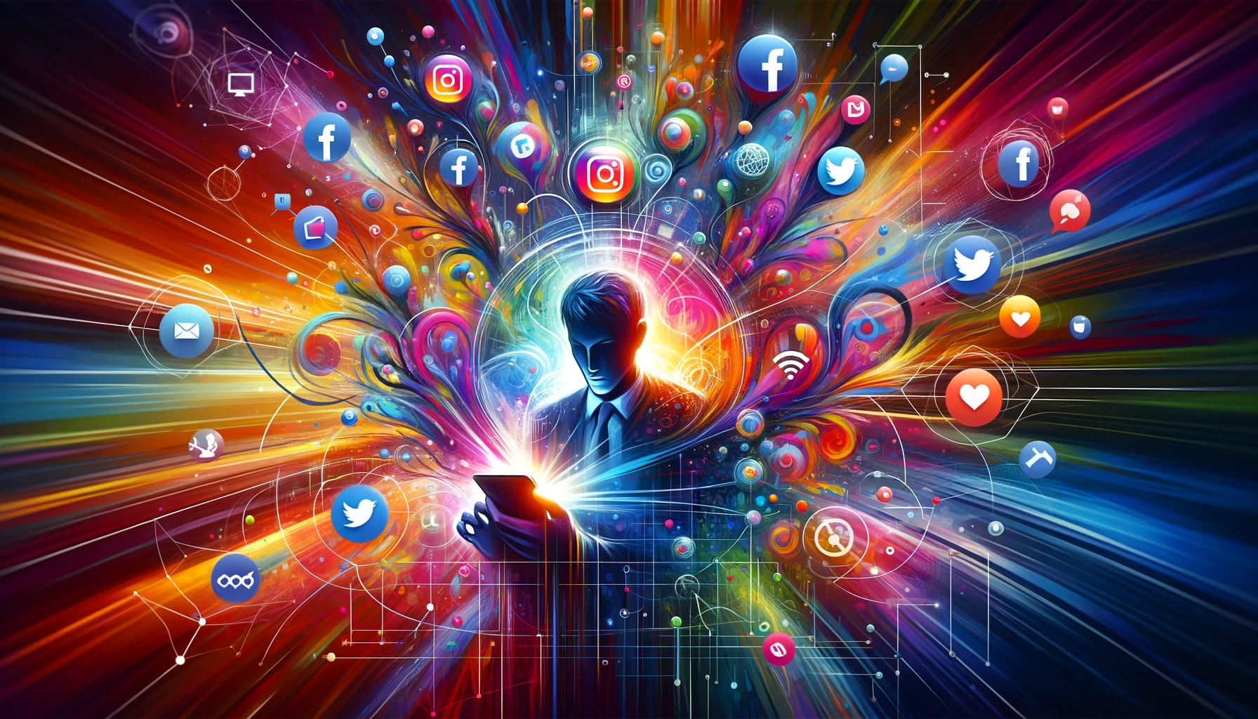 Person mit leuchtendem Tablet umgeben von Sozialmedia-Symbolen.