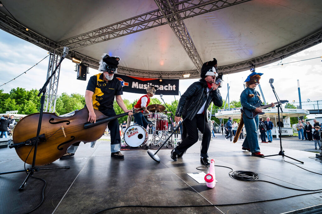 Band mit Tiermasken spielt auf Bühne im Freien.