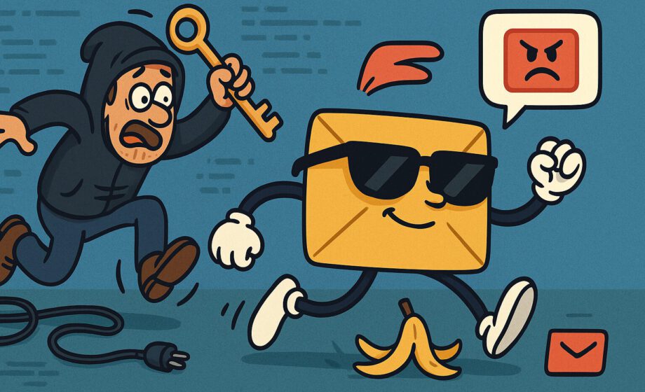 Comic-Szene: Brief entkommt Hacker mit Schlüssel.