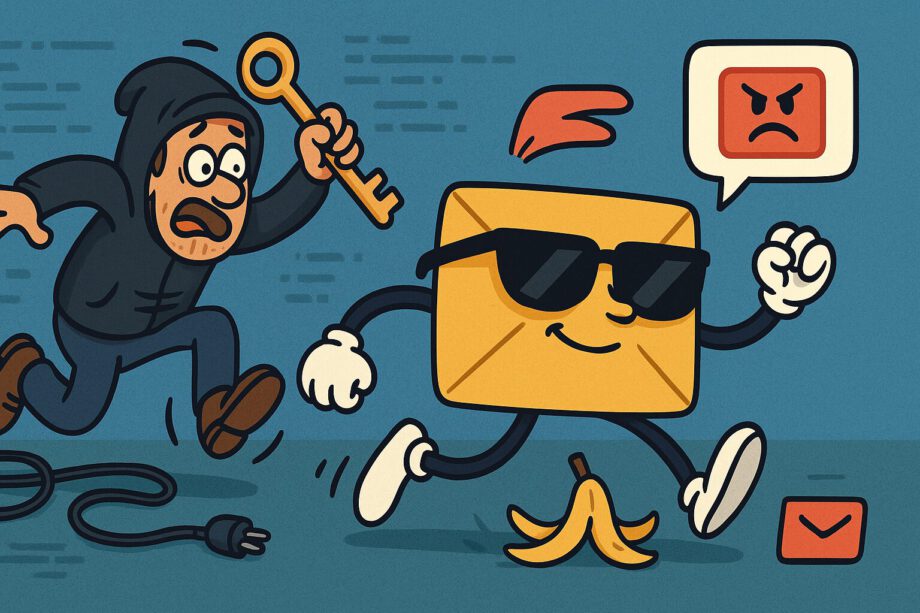 Comic-Szene: Brief entkommt Hacker mit Schlüssel.