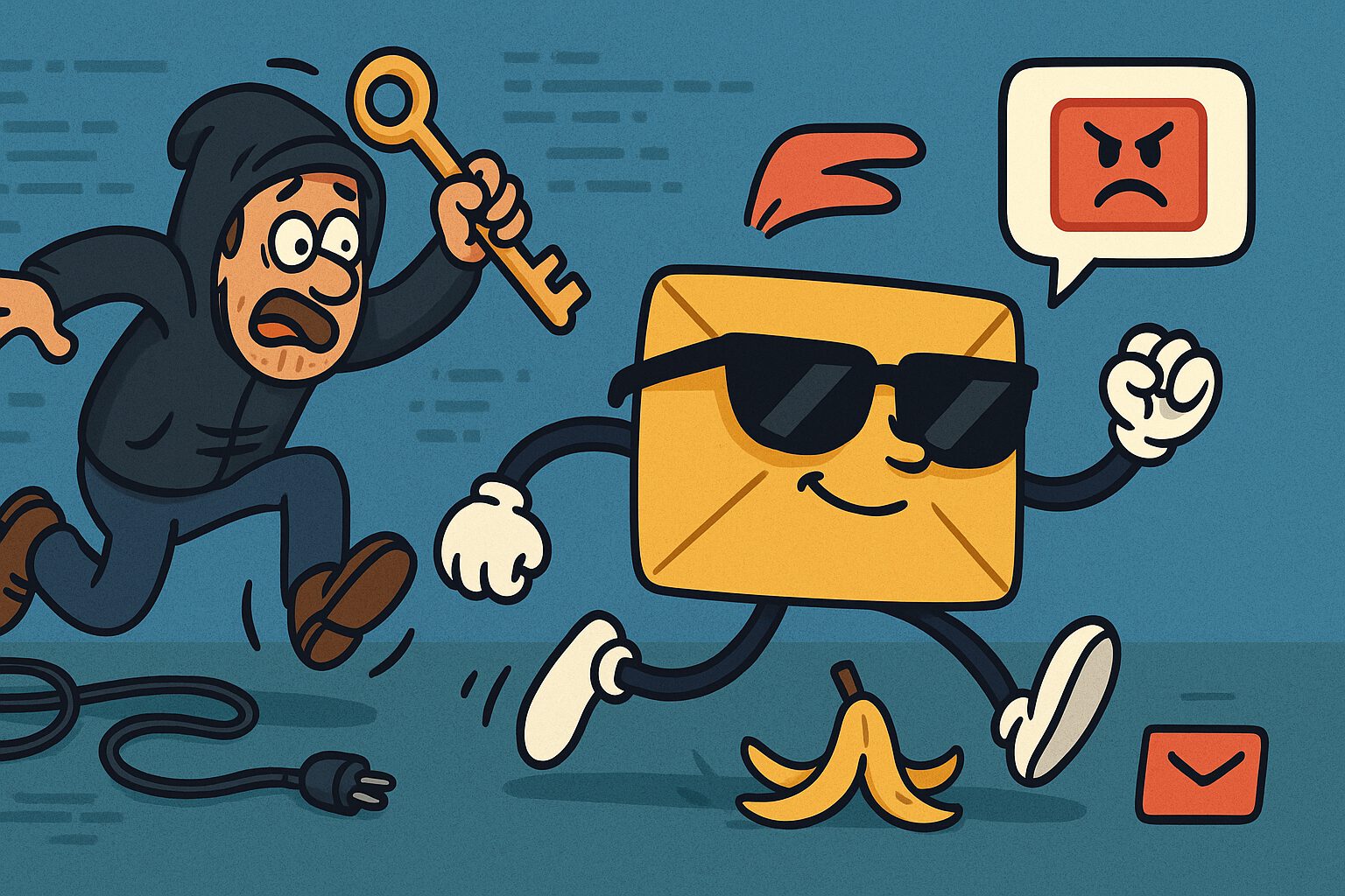 Comic-Szene: Brief entkommt Hacker mit Schlüssel.