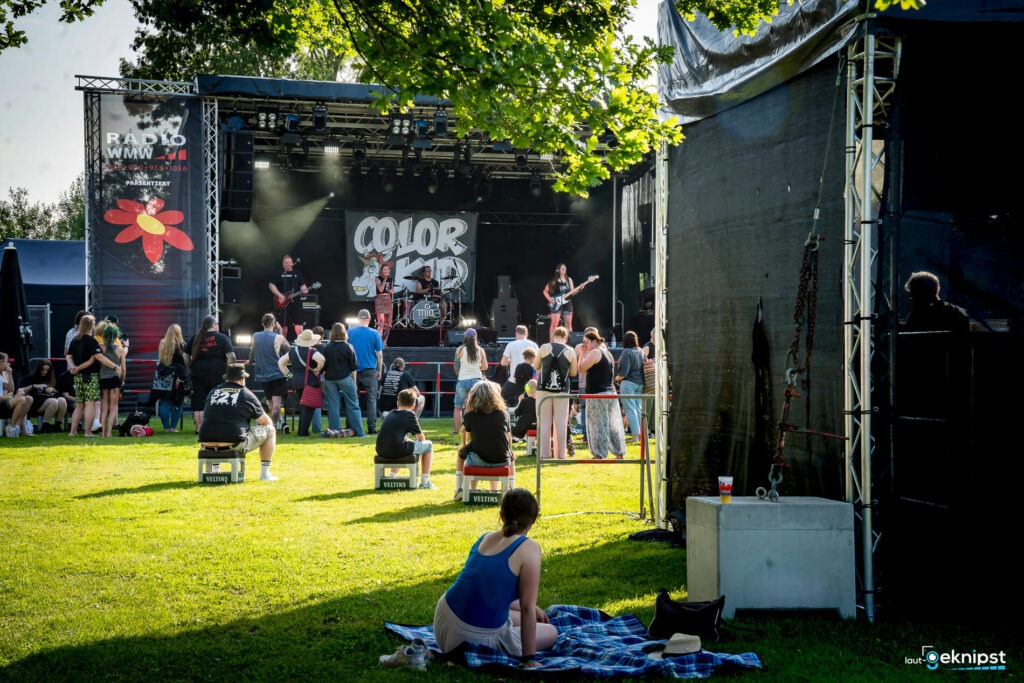 Open-Air-Konzert mit Bühne und Publikum auf Wiese.
