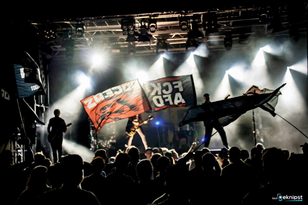 Konzert mit Gitarrist und Protestflaggen