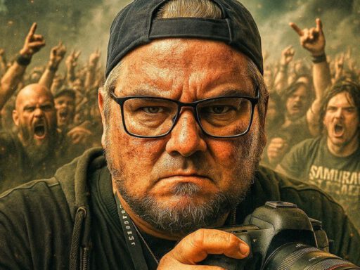 Mann mit Kamera vor Menschenmenge auf Konzert