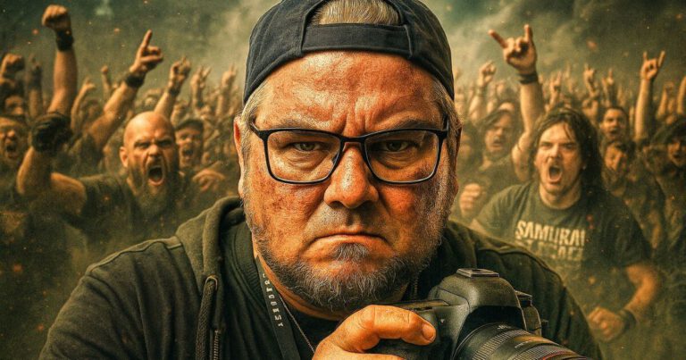 Mann mit Kamera vor Menschenmenge auf Konzert