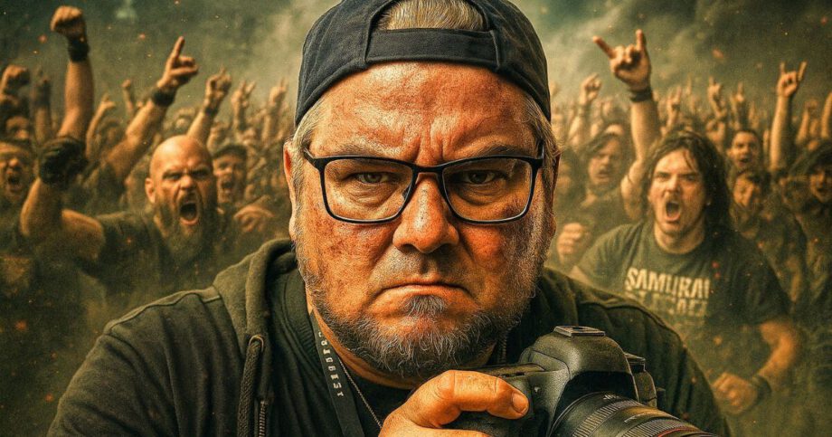 Mann mit Kamera vor Menschenmenge auf Konzert