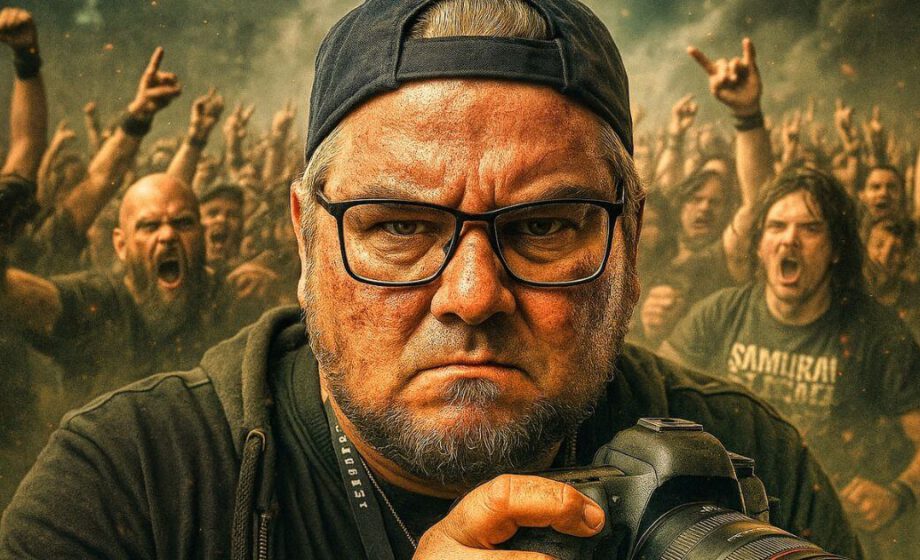 Mann mit Kamera vor Menschenmenge auf Konzert