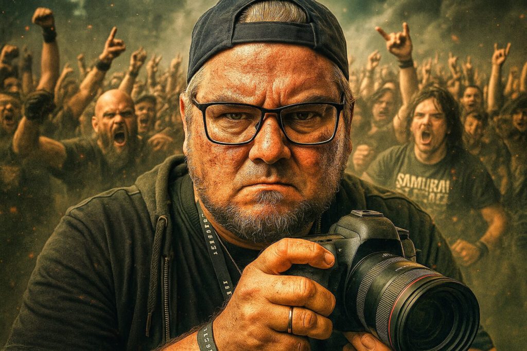 Fotograf mit Kamera vor jubelnder Menge