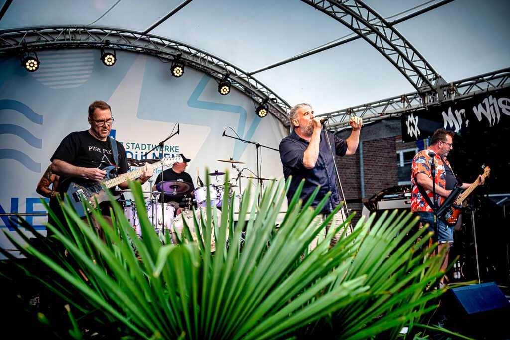Band spielt auf Open-Air-Bühne mit Palmen im Vordergrund.