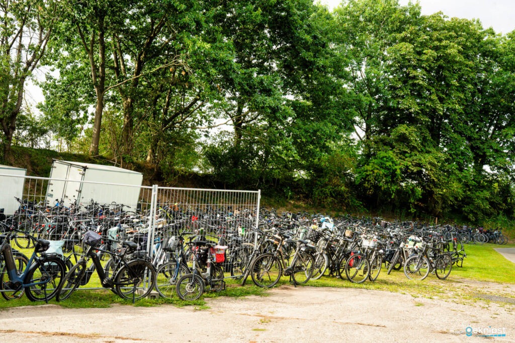 Viele Fahrräder geparkt hinter einem Zaun vor Bäumen.