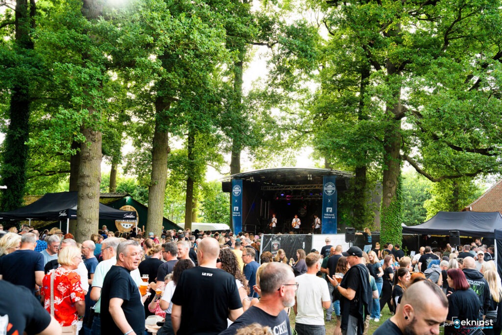 Menschenmenge bei einem Konzert im Freien unter Bäumen.