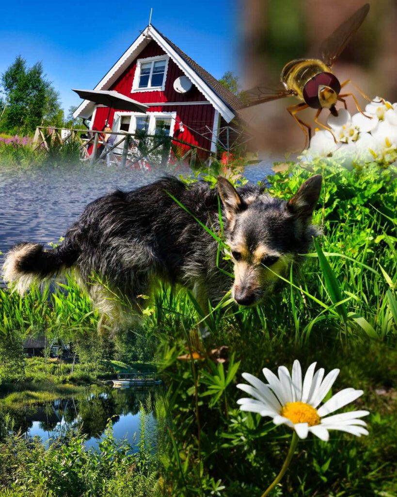 Haus, Hund, Fliege und Blume im Garten