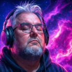 Mann mit Kopfhörern vor kosmischem Hintergrund