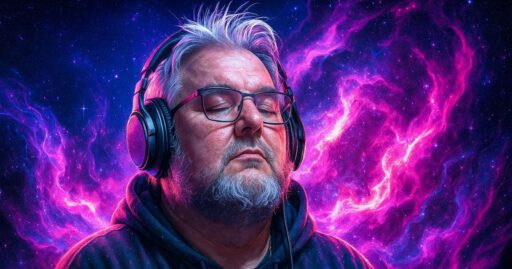 Mann mit Kopfhörern vor kosmischem Hintergrund