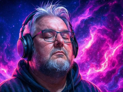 Mann mit Kopfhörern vor kosmischem Hintergrund