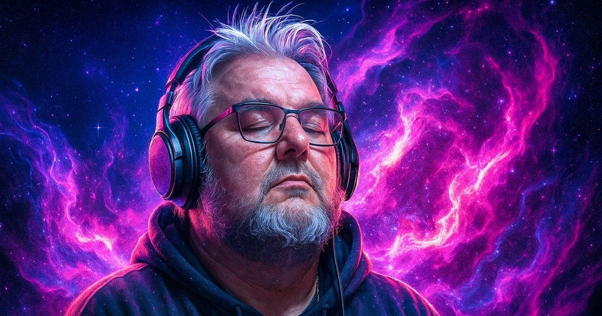 Mann mit Kopfhörern vor kosmischem Hintergrund