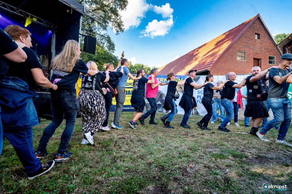 Menschen tanzen Polonaise bei Open-Air-Konzert.
