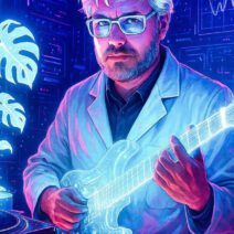 Mann spielt Gitarre im futuristischen Labor.