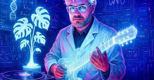 Mann spielt Gitarre im futuristischen Labor.