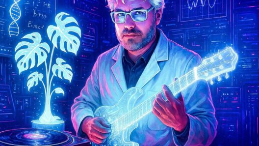 Mann spielt Gitarre im futuristischen Labor.