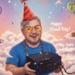 Person mit Festplatte, Partyhut und Torten auf Wolken.