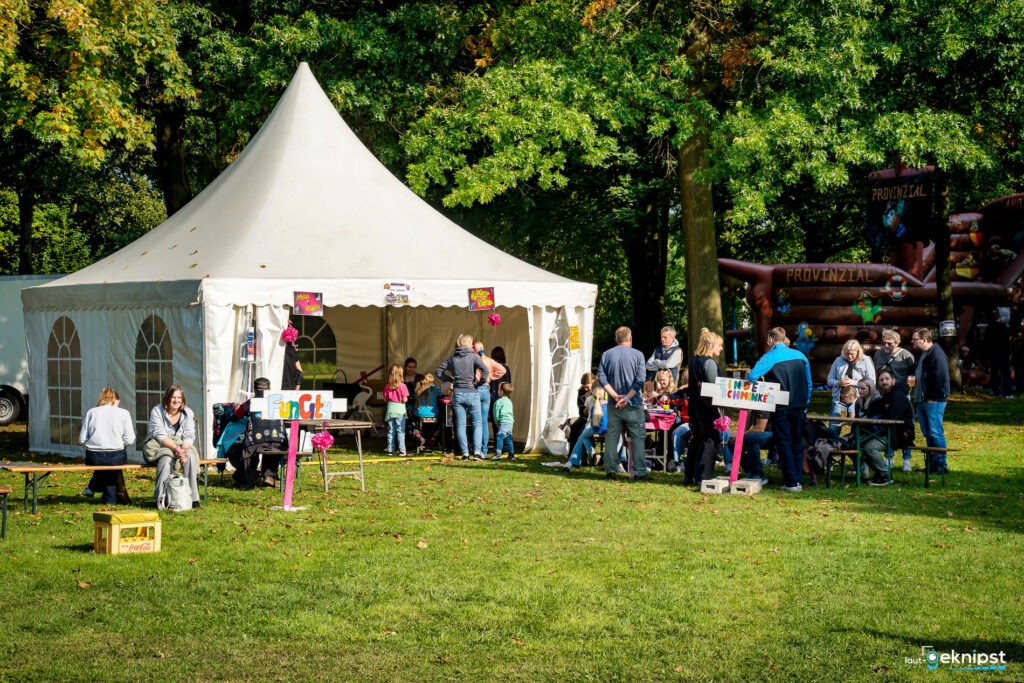 Menschen auf Fest im Park mit Pavillon.