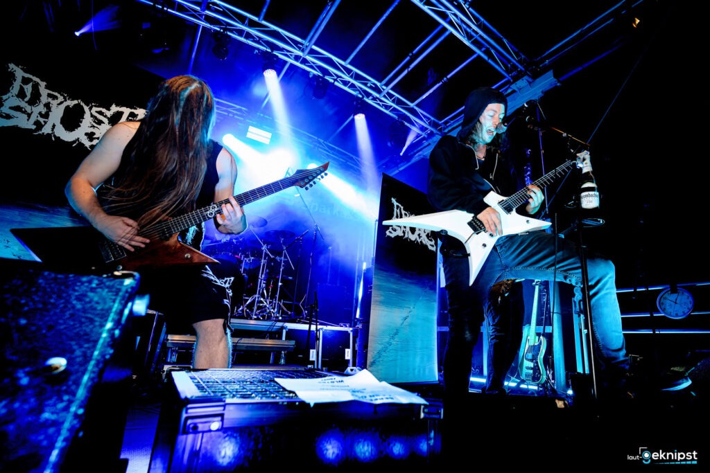 Zwei Musiker mit Gitarren auf einer Bühne im blauen Licht.