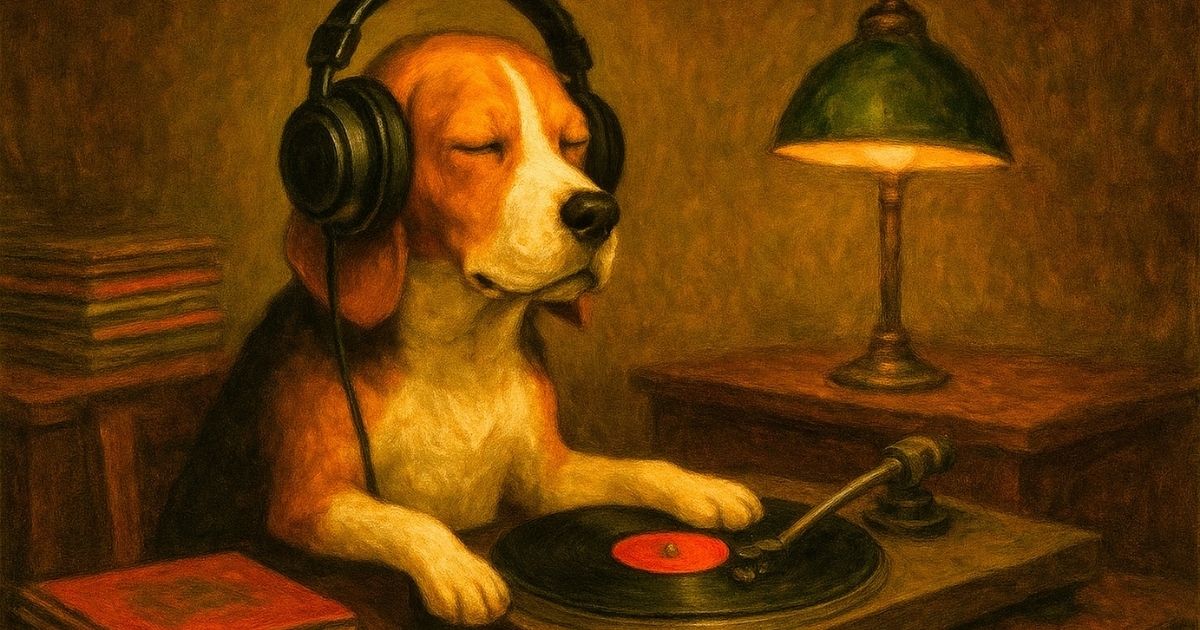 Beagle hört Schallplatte mit Kopfhörern